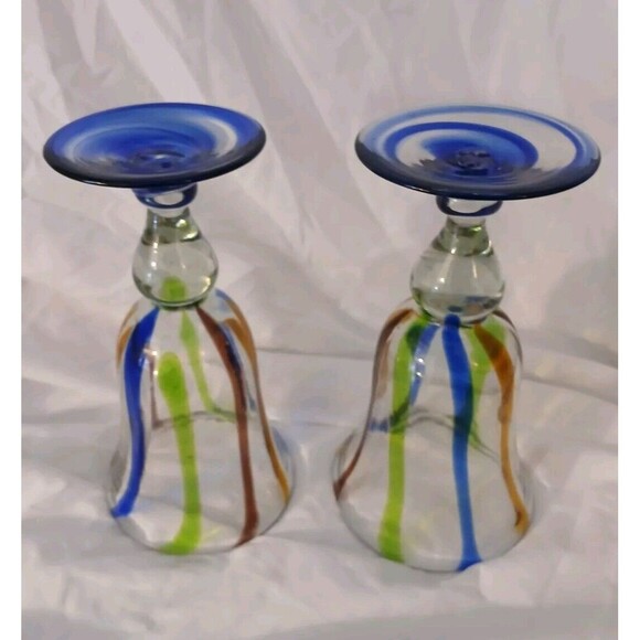 Set of 2 Mexican Art Glass Swirl Stripe Wine Water Goblet Hand Blown 8" Footed - Picture 3 of 7
